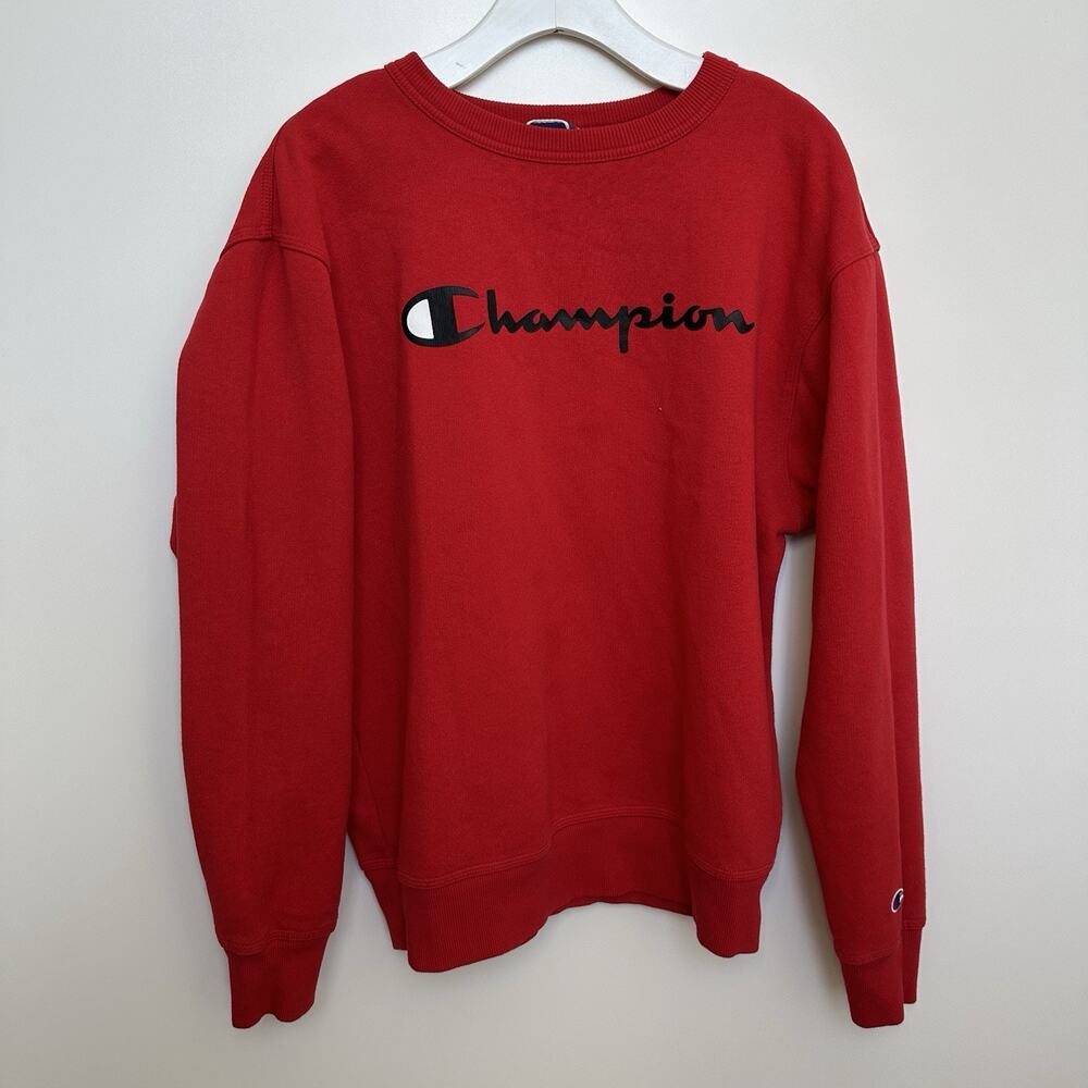 Champion Powerblend Fleece Crewneck Sweatshirt Red Script Logo Men’s Size M